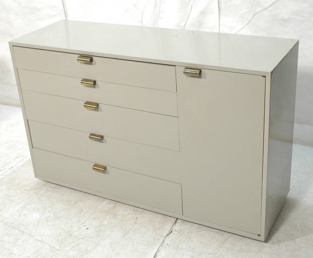 HERMAN MILLER Gray Lacquer 5 Drawer Credenza Dres: HERMAN MILLER Gray Lacquer 5 Drawer Credenza Dresser. One side door. Brass finish hardware. Not marked-- Dimensions: H: 35.75 inches: W: 56.25 inches: D: 19 inches ---