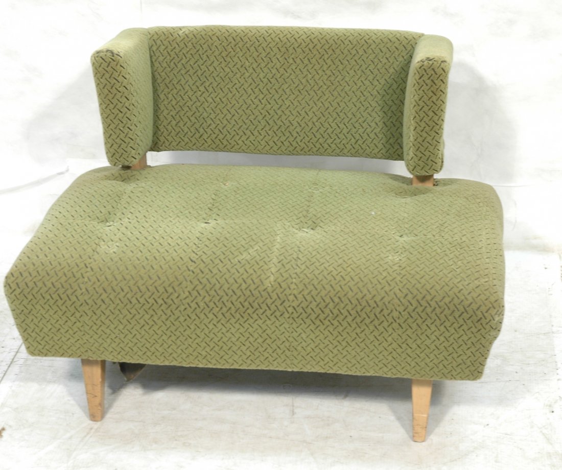 PAUL FRANKL style Lounge Chair & Ottoman. Wide Se: PAUL FRANKL style Lounge Chair & Ottoman. Wide Seat lounge chair with floating back. Angled wood legs. Green fabric. -- Dimensions: H: 25 inches: W: 35 inches: D: 24 inches ---