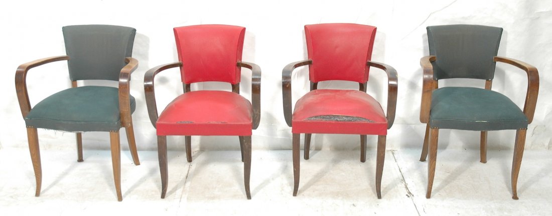 4 Art Deco Thonet style Side Arm Chairs. Two Red: 4 Art Deco Thonet style Side Arm Chairs. Two Red Vinyl seats. Two green seats. Not marked.-- Dimensions: H: 32 inches: W: 23 inches: D: 20 inches ---