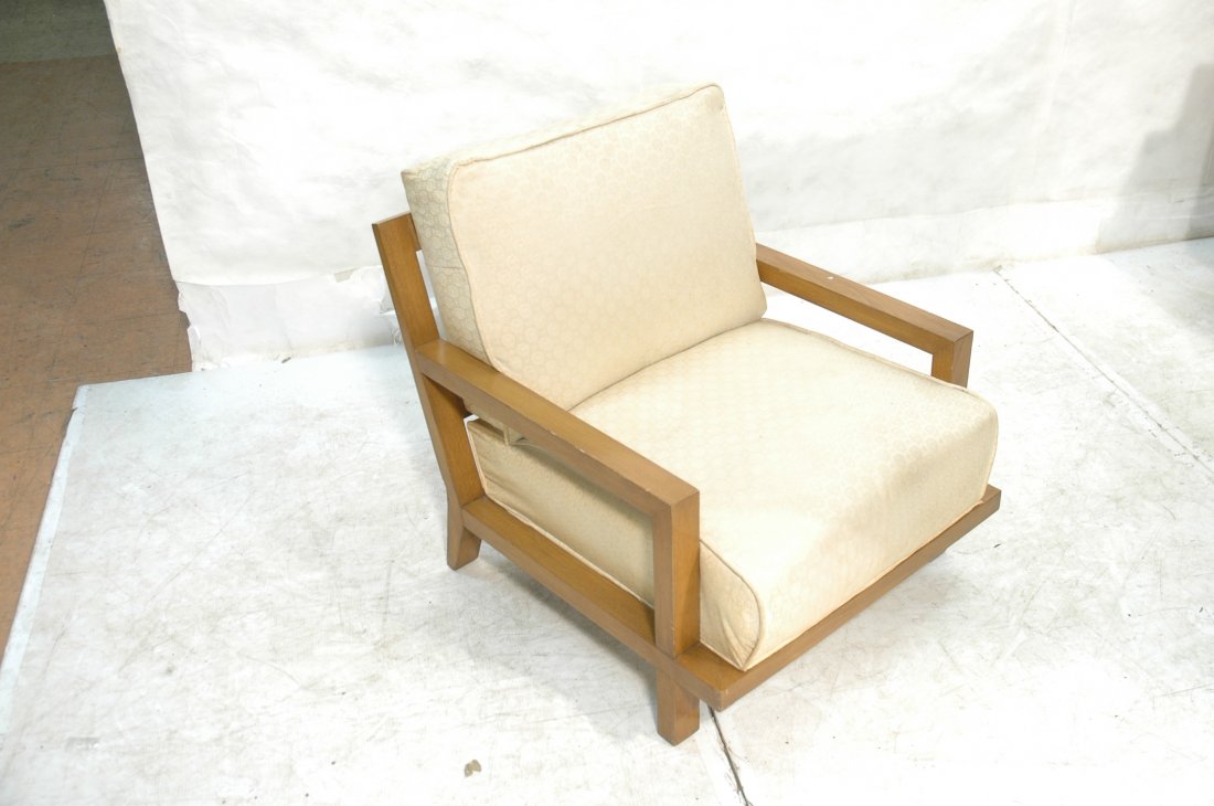 PAUL FRANKL style Lounge Chair. Square wood expos: PAUL FRANKL style Lounge Chair. Square wood exposed frame. Cream seat & back cushions. Attribution.-- Dimensions: H: 34 inches: W: 29 inches: D: 33 inches ---