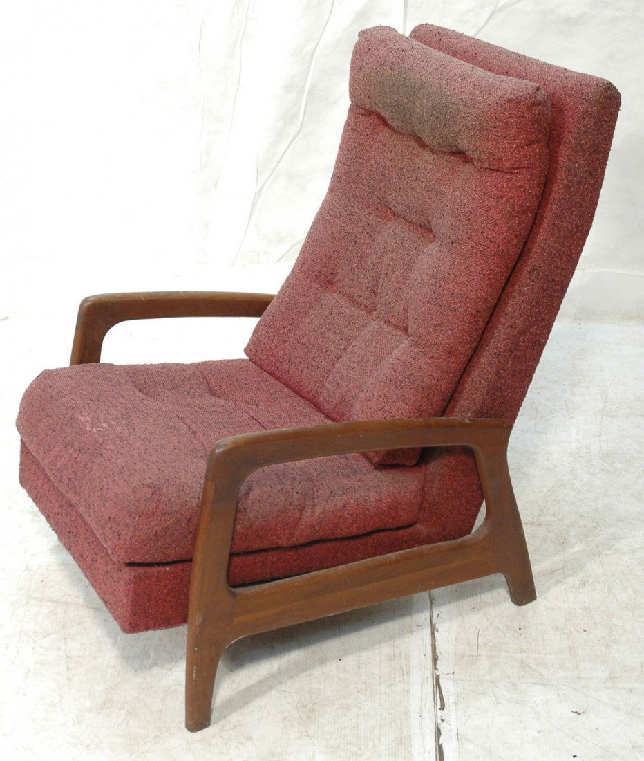 ADRIAN PEARSALL Style American Modern Recliner. E: ADRIAN PEARSALL Style American Modern Recliner. Exposed arms. Purplish red upholstery.-- Dimensions: H: 40 inches: W: 25 inches: D: 37 inches ---