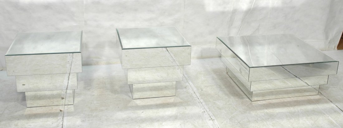 Set 3 Contemporary Mirrored Step Form Tables. Cof: Set 3 Contemporary Mirrored Step Form Tables. Coffee & 2 end tables. All mirrored glass. Beveled tops. -- Dimensions: H: 15 inches: W: 36 inches: D: 36 inches ---