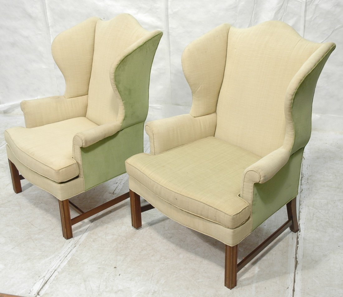 Pr KITTINGER Traditional Wing Chairs. Green Velve: Pr KITTINGER Traditional Wing Chairs. Green Velvet sides with cream fabric fronts & cushions. Tagged. -- Dimensions: H: 45 inches: W: 35 inches: D: 32 inches ---