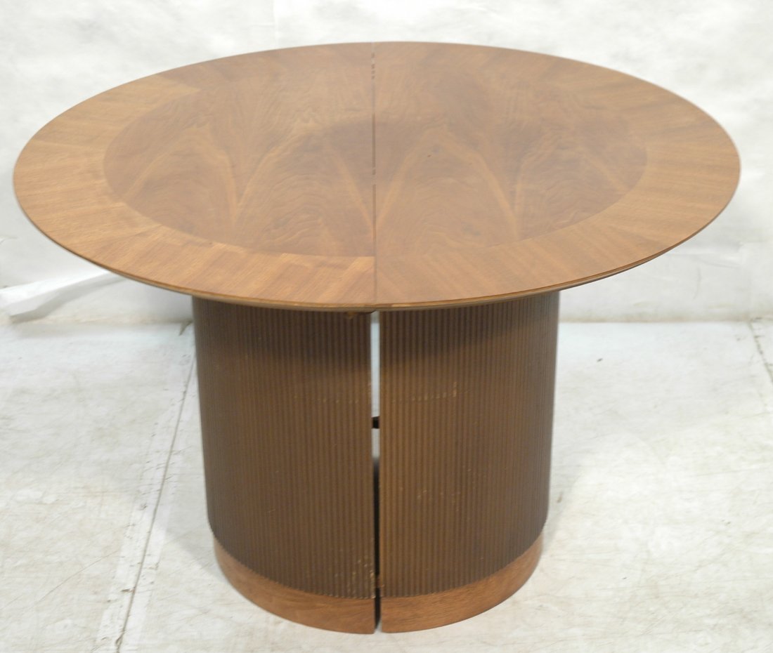 American Modern LANE Dining Table. Ribbed Column: American Modern LANE Dining Table. Ribbed Column Pedestal Base. 5.5" banded trim. (1) 17.5" leaf. Marked. -- Dimensions: H: 29 inches: W: 44 inches: D: 44 inches ---