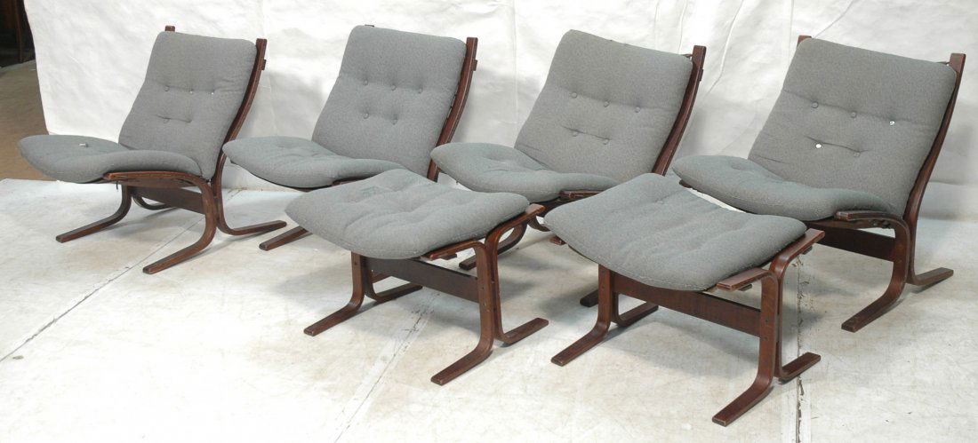 6pc WESTNOFA Bentwood Rosewood Lounge Chairs & Ot: 6pc WESTNOFA Bentwood Rosewood Lounge Chairs & Ottomans. 4 chairs with 2 ottomans. Blue fabric upholstery. Marked.-- Dimensions: H: 32 inches: W: 27 inches: D: 26 inches ---