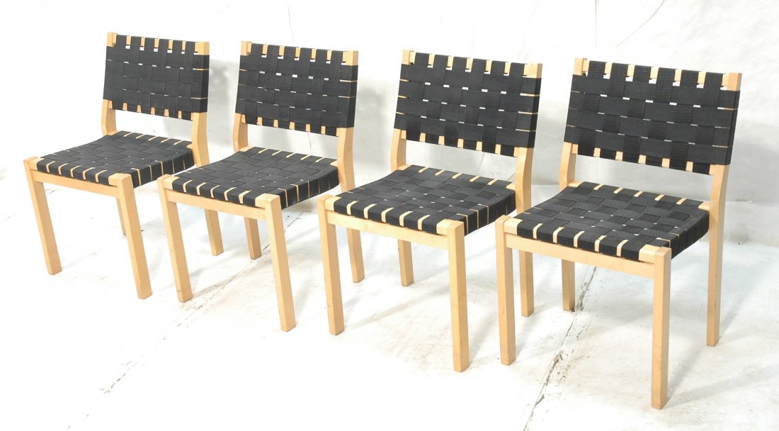 Set 4 Alvar Aalto Dining Chairs with Woven Back a: Set 4 Alvar Aalto Dining Chairs with Woven Back and Seat. Artek Finland.-- Dimensions: H: 32 inches: W: 19 inches: D: 20 inches ---