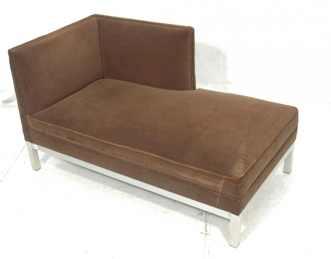 Modernist Chaise Lounge Chair with Aluminum Bases: Modernist Chaise Lounge Chair with Aluminum Bases. Brown Mohair style upholstery.-- Dimensions: H: 32 inches: W: 57 inches: D: 30 inches ---