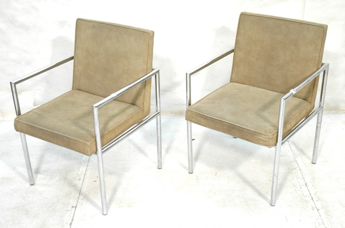Pair Le Corbusier Style Arm Chairs. Tubular Chro: Pair Le Corbusier Style Arm Chairs. Tubular Chrome Frames. Unmarked.-- Dimensions: H: 33 inches: W: 22 inches: D: 21 inches ---