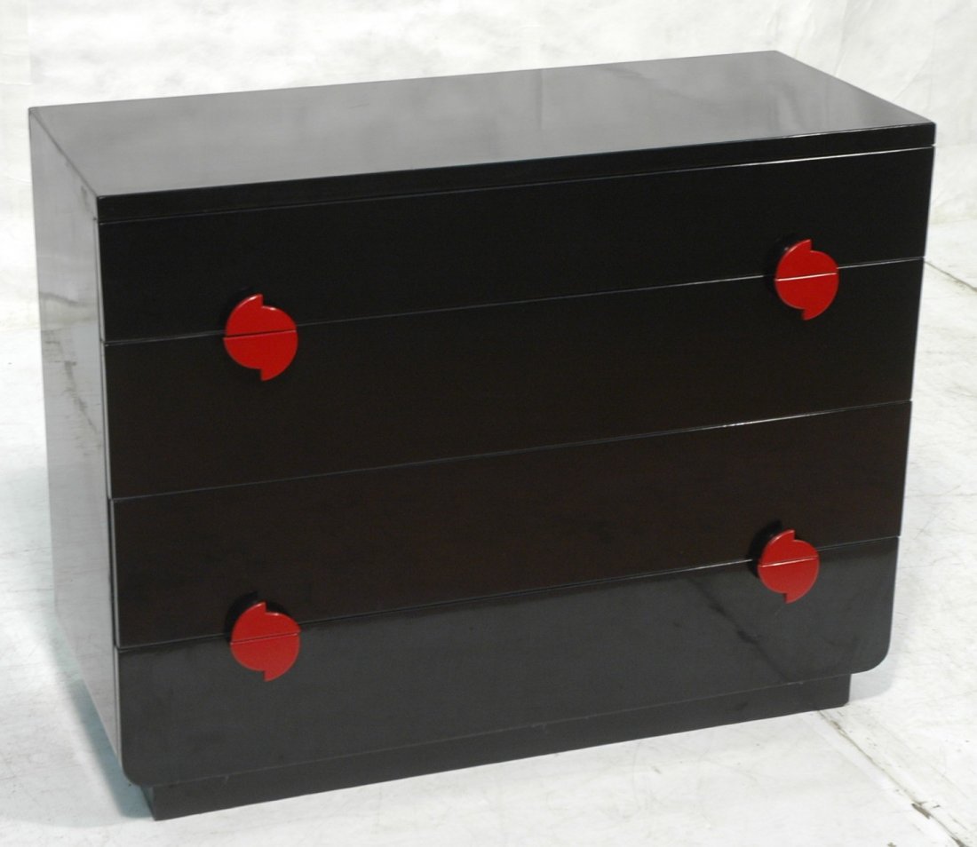 Modernage Art Deco Black Lacquer Dresser Chest wi: Modernage Art Deco Black Lacquer Dresser Chest with red handles. Cyclon handles.-- Dimensions: H: 34 inches: W: 43.5 inches: D: 18 inches ---