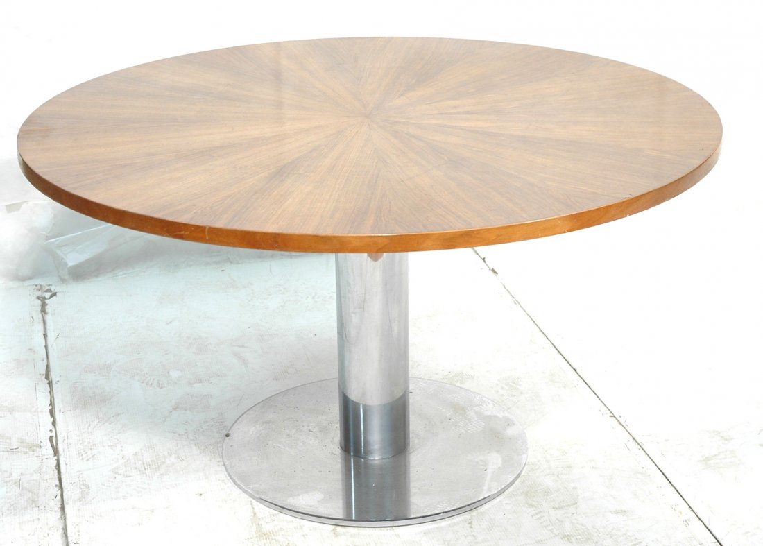 NICO ZOGRAPHOS Round Wood Dining Table. Pie Slice: NICO ZOGRAPHOS Round Wood Dining Table. Pie Slice wood veneer top on thick chromed steel column base. -- Dimensions: H: 29.25 inches: W: 54 inches: D: 54 inches ---