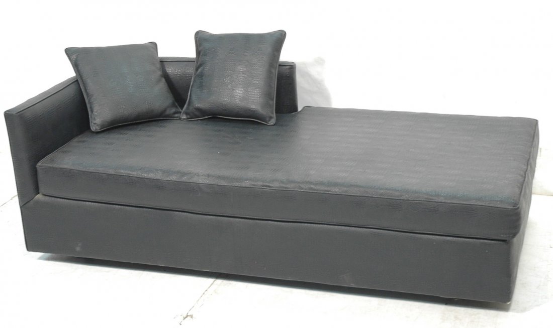 Decorator Black Chaise Lounge. Faux Crocodile Uph: Decorator Black Chaise Lounge. Faux Crocodile Upholstery. Great texture. Long cushion seat. Two throw pillows.-- Dimensions: H: 25.5 inches: D: 33 inches: L: 74 inches ---