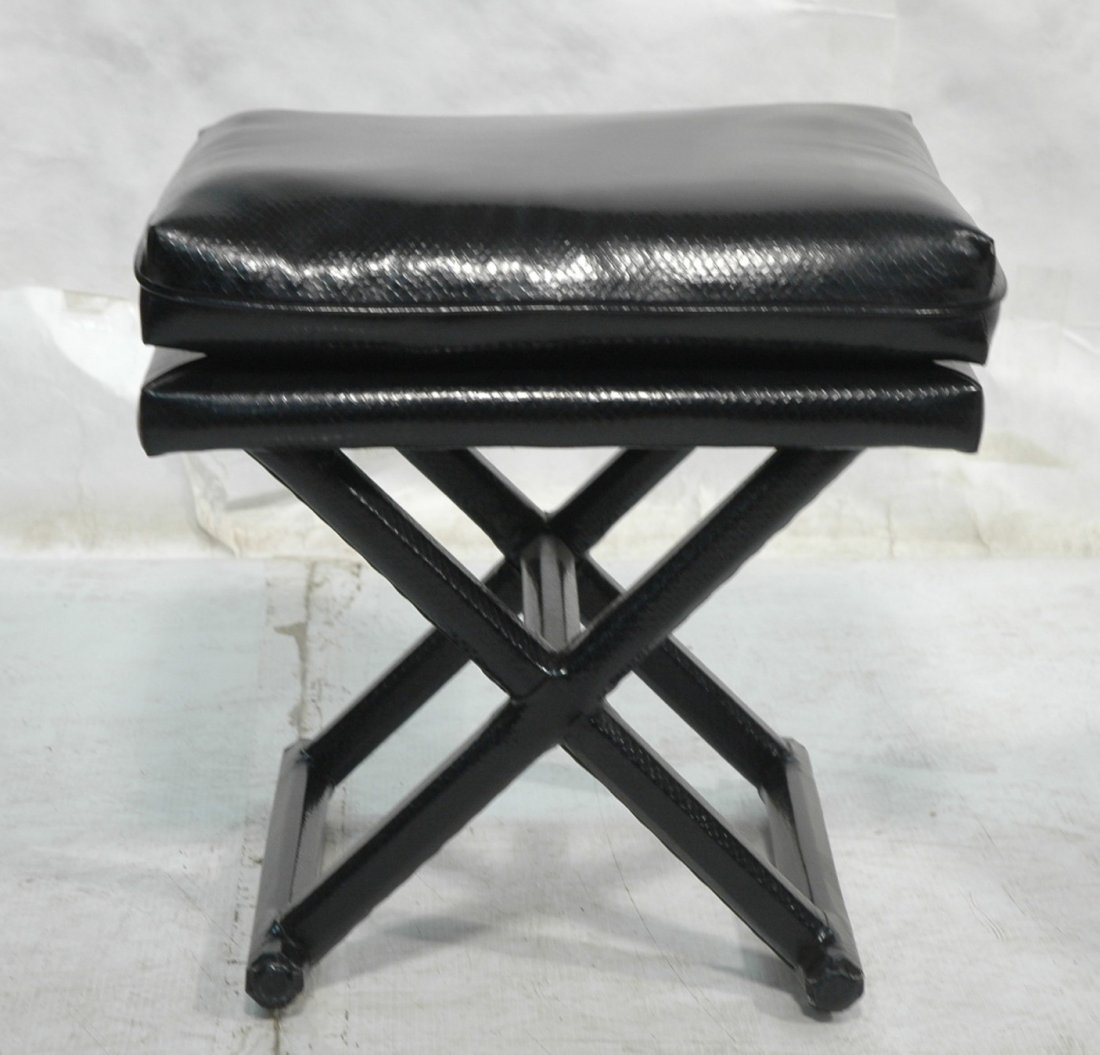 BILLY BALDWIN style Black Faux Lizard Bench. "X": BILLY BALDWIN style Black Faux Lizard Bench. "X" Base. Pillow top. Upholstered all over. -- Dimensions: H: 21 inches: W: 21 inches: D: 18 inches ---