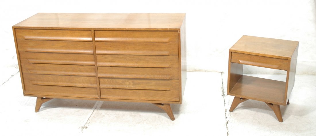 2pc VAN de MULLEN Bedroom Set. Night Stand & ten: 2pc VAN de MULLEN Bedroom Set. Night Stand & ten drawer credenza dresser. Horizontal drawer pulls. Unmarked.-- Dimensions: ---