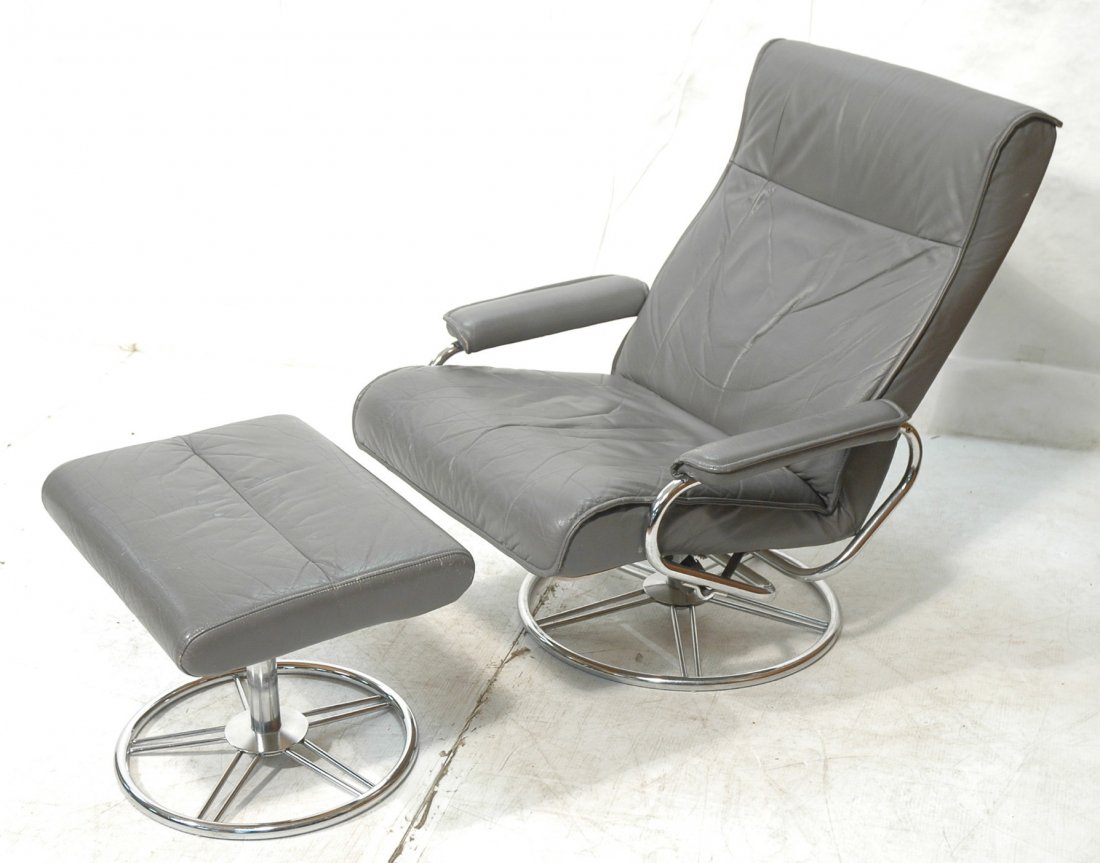 Skoghaug Gray Leather Lounge Chair Ottoman. Rou
