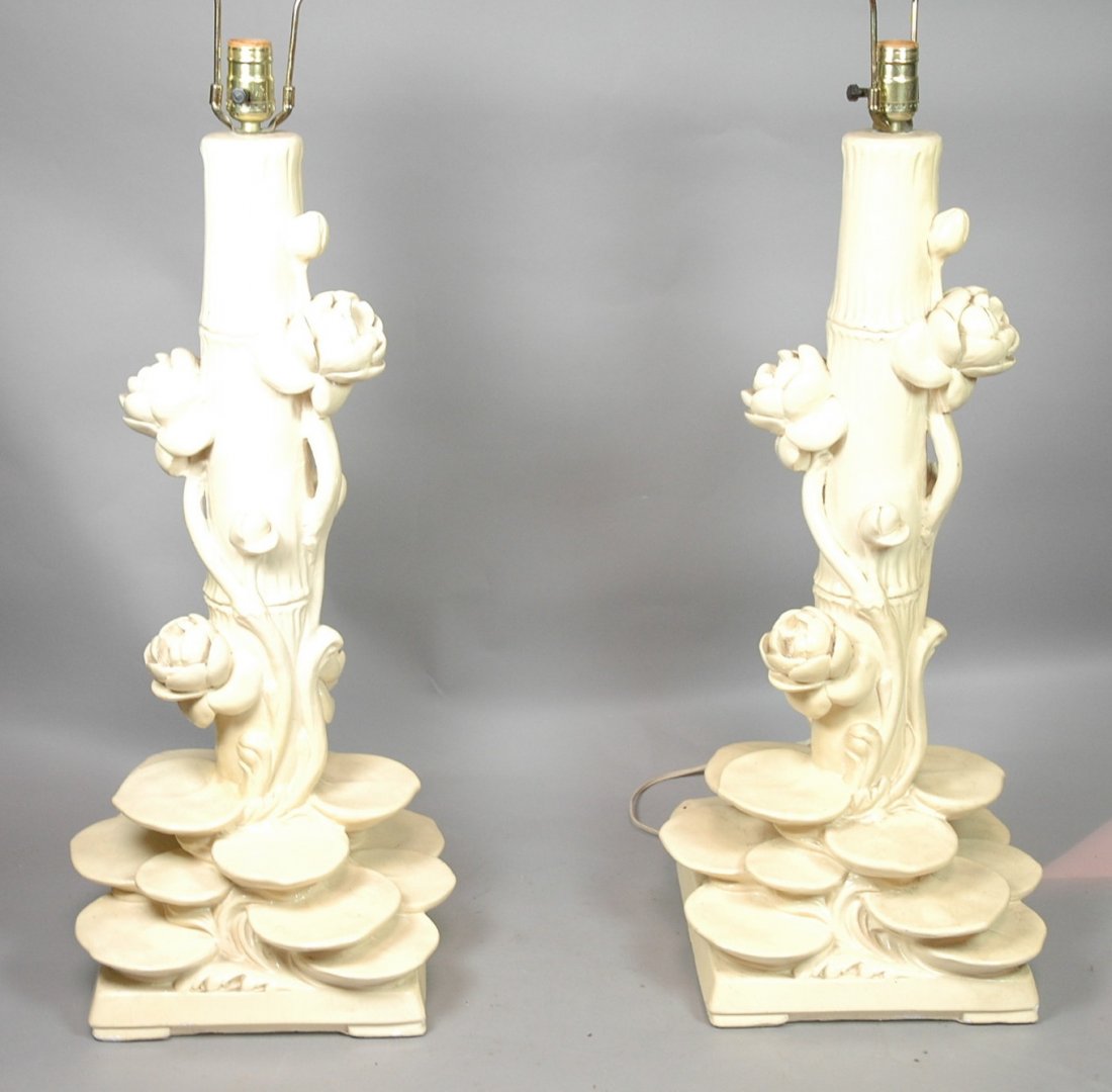 Pr Decorator SERGE ROCHE style Table Lamps. Lily: Pr Decorator SERGE ROCHE style Table Lamps. Lily pad with flower design. Cream Color. Unmarked.-- Dimensions: H: 27 inches: W: 12 inches ---