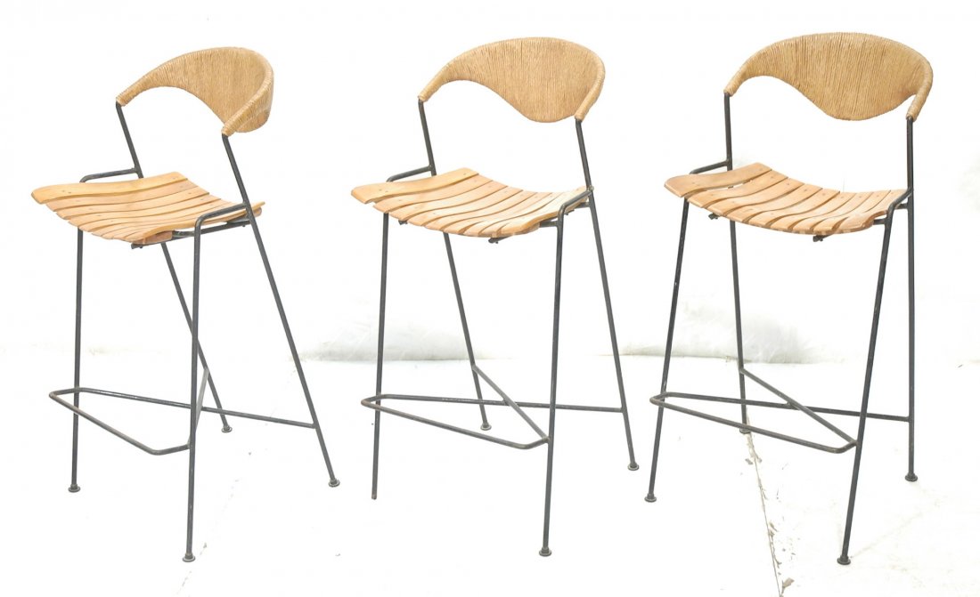 Set 3 ARTHUR UMANOFF Bar Stools. Black Iron Frame: Set 3 ARTHUR UMANOFF Bar Stools. Black Iron Frame with wood slat seats & woven rush backs. -- Dimensions: H: 39.5 inches: W: 18.5 inches: D: 18 inches ---