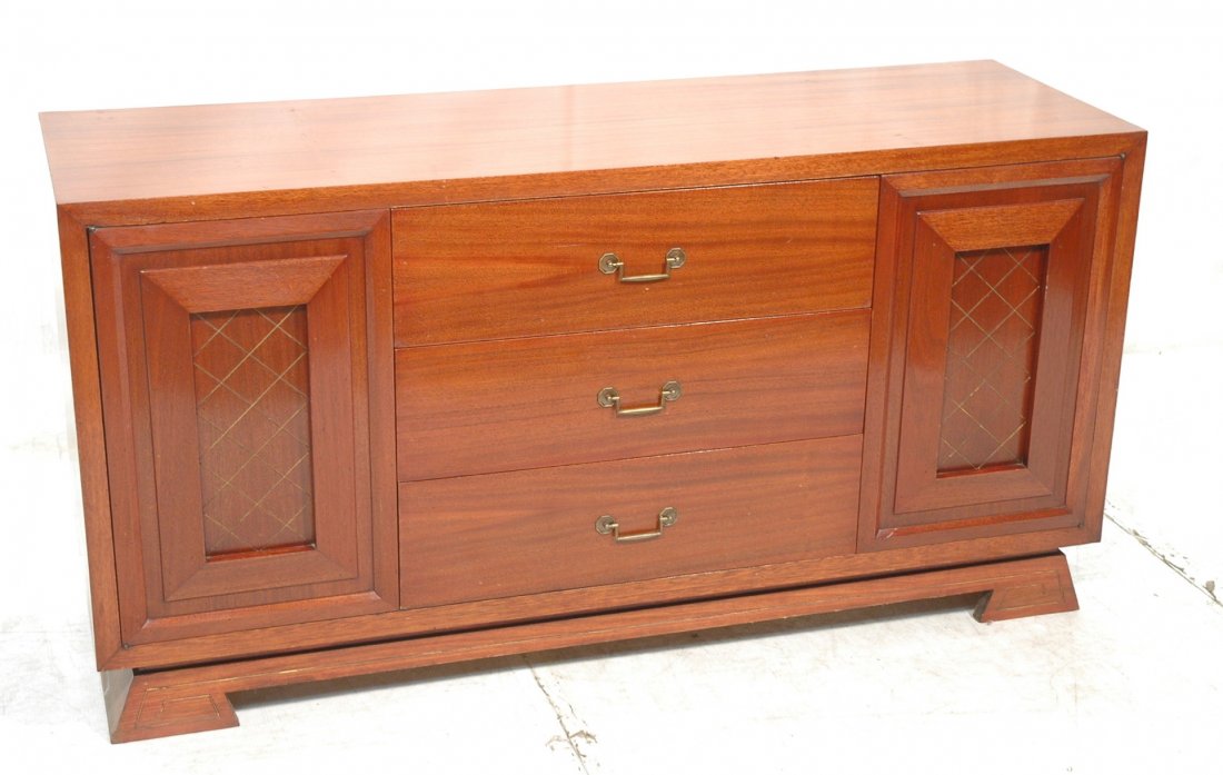 American Modern Credenza. Three Drawers & Two Doo: American Modern Credenza. Three Drawers & Two Doors. Shaped feet. Beveled panel doors with diamond design. -- Dimensions: H: 34 inches: D: 21 inches: L: 66 inches ---