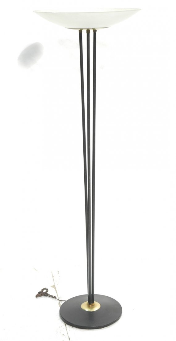 Art Deco Three Rod Torchiere Floor Lamp. Glass sa: Art Deco Three Rod Torchiere Floor Lamp. Glass saucer shade. Black & brass-- Dimensions: H: 65.5 inches: W: 21 inches: D: 21 inches ---