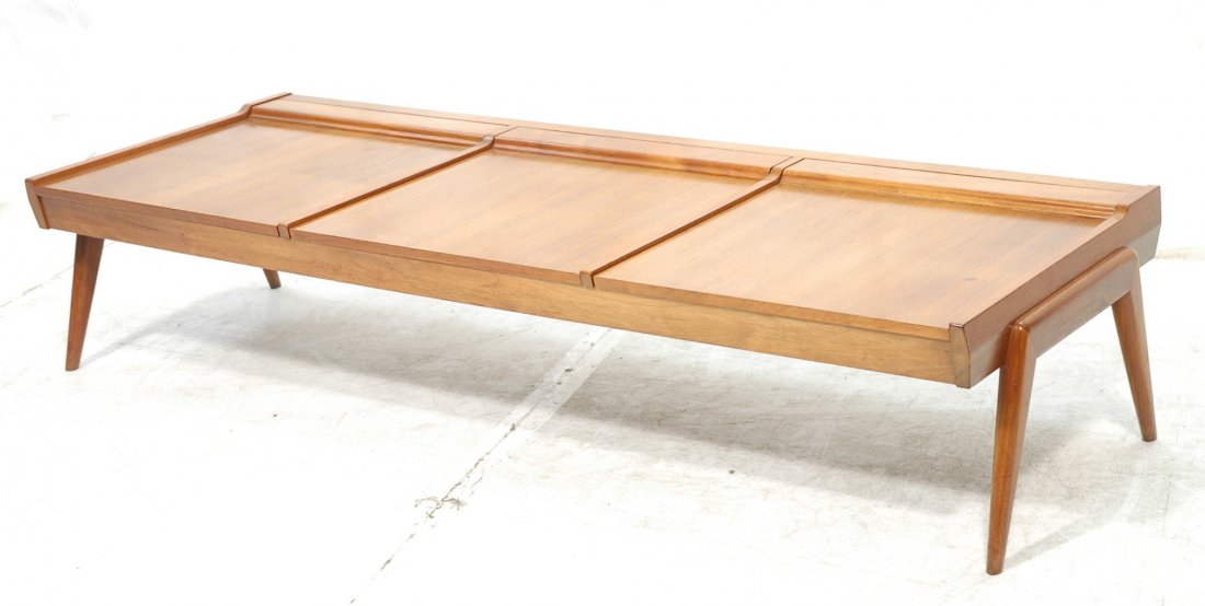 Danish Modern Bench Coffee Cocktail Table on angl: Danish Modern Bench Coffee Cocktail Table on angled legs. Three sections that open to seating. No cushions.-- Dimensions: H: 15 inches: W: 72 inches: D: 26 inches ---
