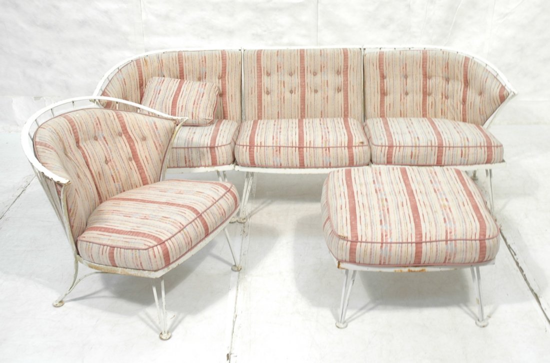 5pc Salterini Attributed Iron Patio Set. Chair O: 5pc Salterini Attributed Iron Patio Set. Chair Ottoman and 3 part sofa couch.-- Dimensions: H: 27 inches: W: 80 inches: D: 30 inches ---
