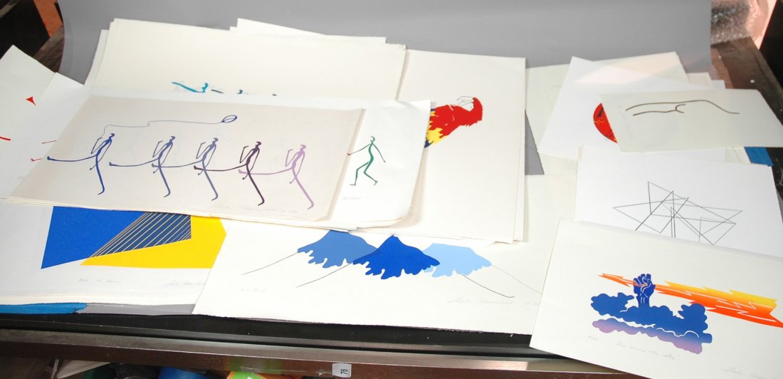 Large Portfolio of SHEILA ROSENFIELD Screen Print: Large Portfolio of SHEILA ROSENFIELD Screen Prints. Many in Primary Colors. Mostly figural: puffins, penguins, parrot. unicorn. Probably over 75 works. Varying sizes. Pencil signed. Titled, numbered.-