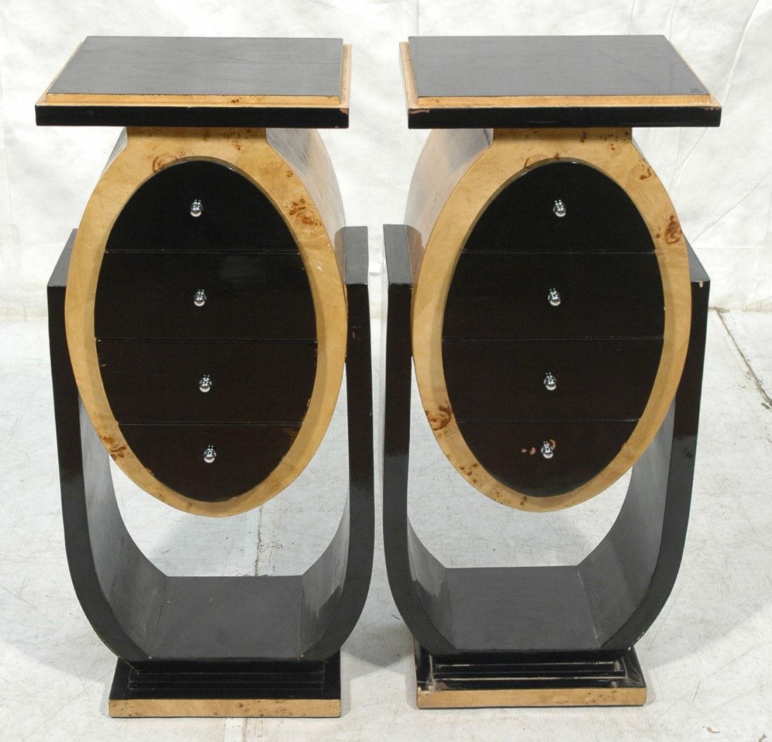 Pr ART DECO Pedestal Stands. Black Lacquer Frame: Pr ART DECO Pedestal Stands. Black Lacquer Frame with burled wood accents. Silver knob pulls. -- Dimensions: H: 44 inches: W: 17.75 inches: D: 15 inches ---