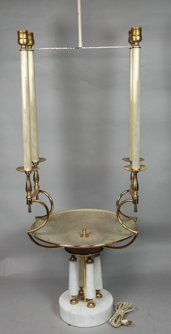 TOMMI PARZINGER style Marble And Brass Lamp. Marb: TOMMI PARZINGER style Marble And Brass Lamp. Marble column base with four fluted brass column arms. -- Dimensions: H: 55 inches: W: 16.5 inches ---