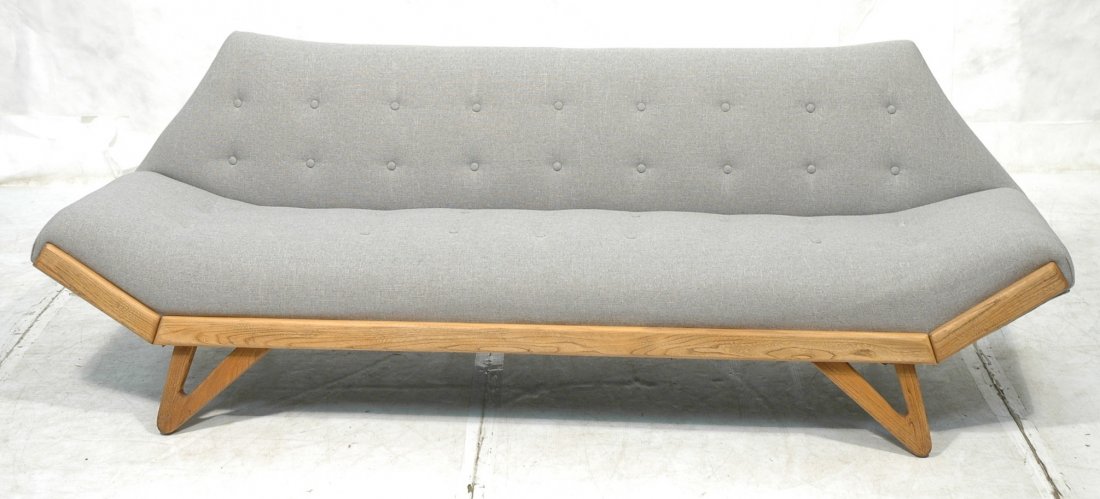 ADRIAN PEARSALL Style Sofa Couch. Wood Frame with: ADRIAN PEARSALL Style Sofa Couch. Wood Frame with Angled Legs. Tufted light gray fabric upholstery. Shaped back.-- Dimensions: H: 30.25 inches: D: 28 inches: L: 92 inches ---
