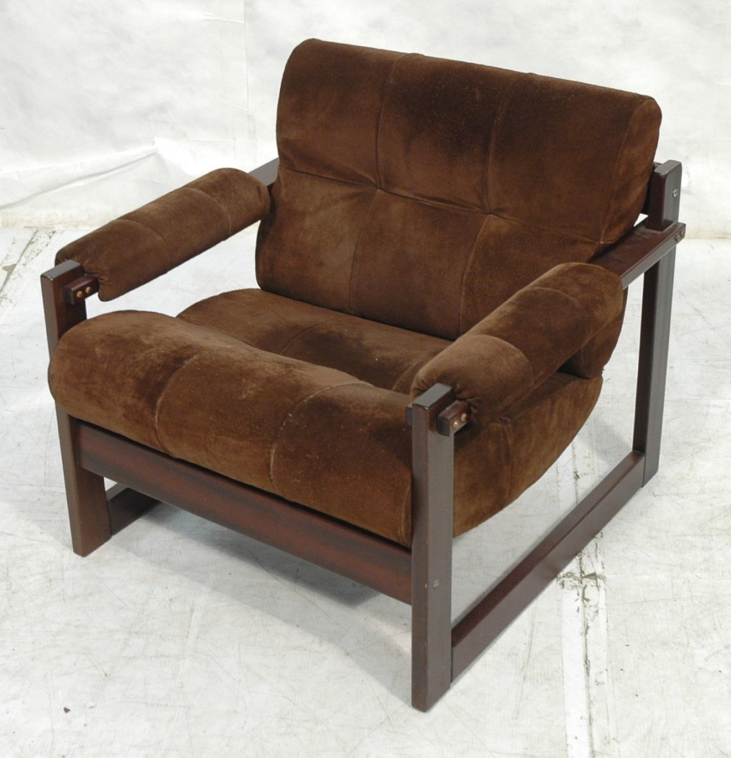 LAUFER Brazilian Rosewood Lounge Chair. Brown Sue: LAUFER Brazilian Rosewood Lounge Chair. Brown Suede Tufted Upholstery. Upholstered arms. Unmarked.-- Dimensions: H: 28.5 inches: W: 32 inches: D: 32 inches ---