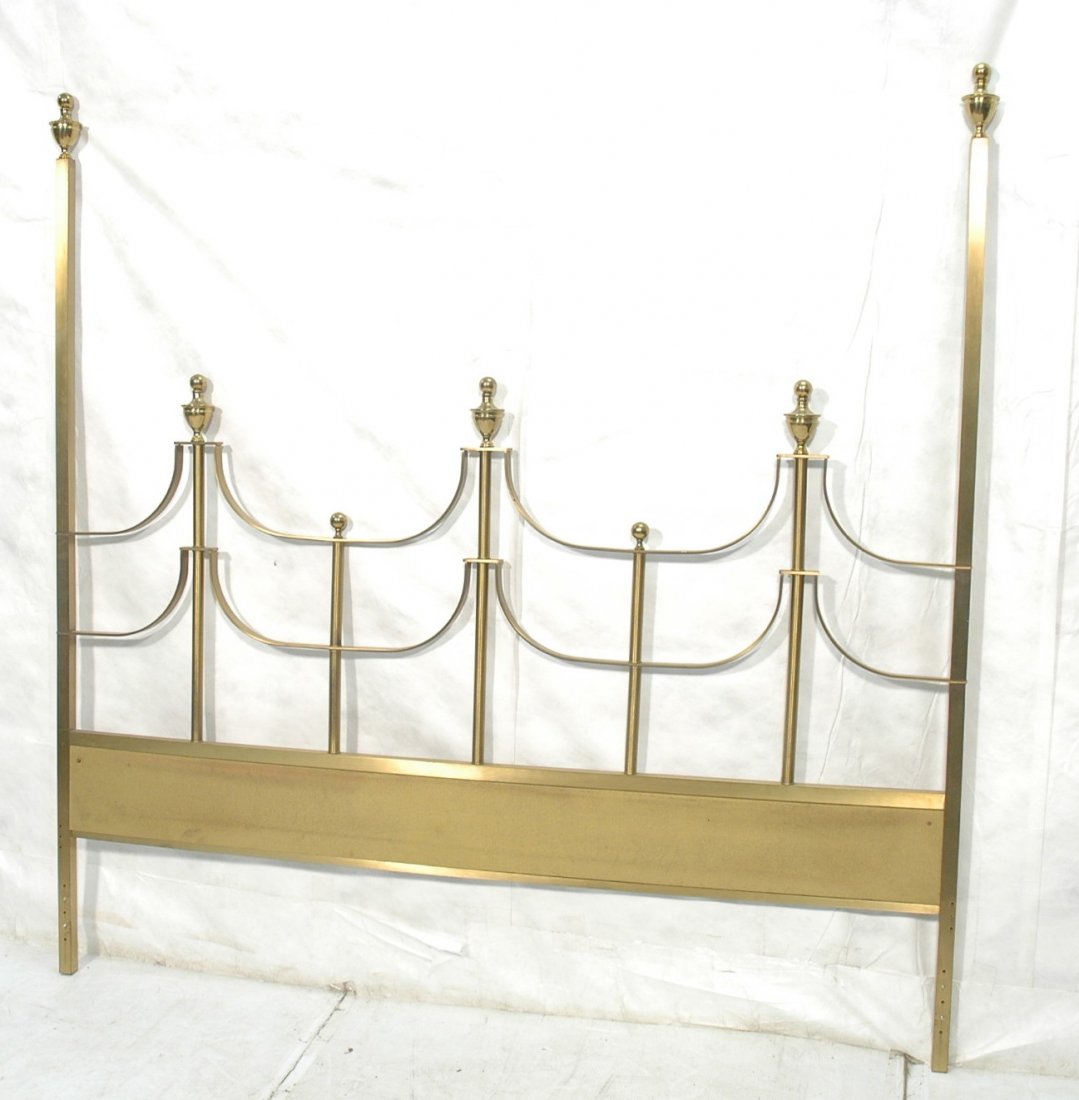 MASTERCRAFT style Brass Finish Headboard. King Si: MASTERCRAFT style Brass Finish Headboard. King Size. Satin finish with shiny brass urn finials. -- Dimensions: H: 79 inches: L: 78 inches ---