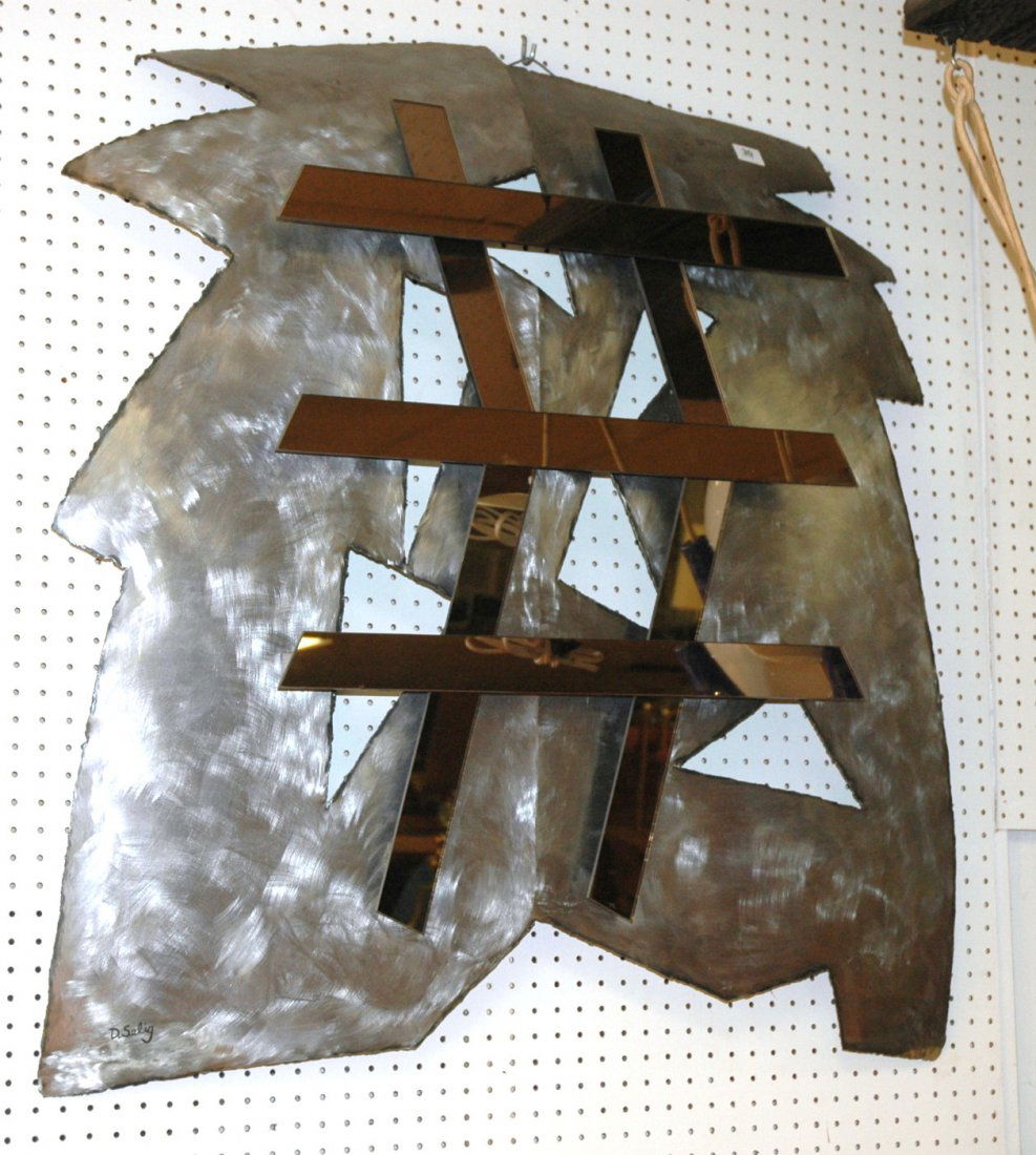 D SELIG Modernist Wall Sculpture. Mirror Panels o: D SELIG Modernist Wall Sculpture. Mirror Panels on cut And burnished steel ground. Signed. -- Dimensions: H: 41 inches: W: 39 inches: D: 7 inches ---