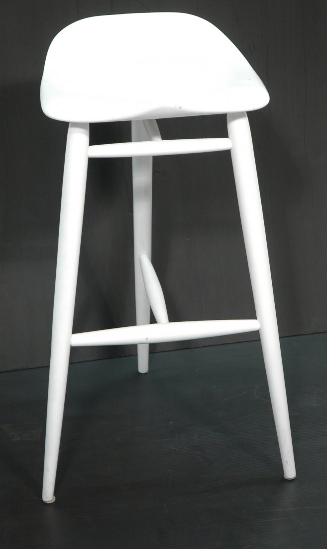 HUGH DAVIES Painted White Bar Stool. Marked.: HUGH DAVIES Painted White Bar Stool. Marked. -- Dimensions: H: 36 inches: W: 18 inches: D: 16 inches ---