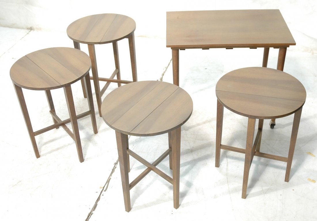 Walnut Rolling Table with four fold away tables.: Walnut Rolling Table with four fold away tables. Set of four round nesting tables. -- Dimensions: H: 21.5 inches: W: 24.25 inches: D: 17 inches ---