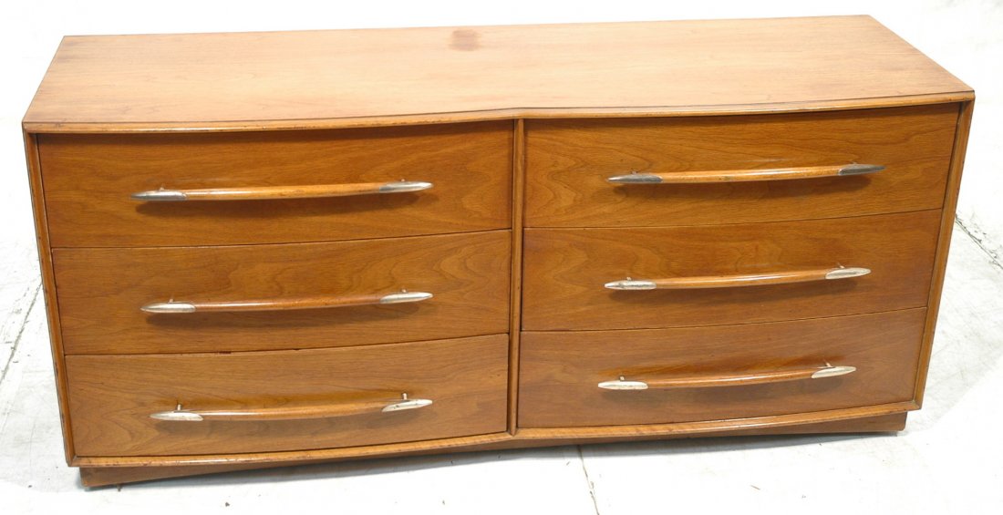 ROBSJOHN GIBBINGS for WIDDICOMB Double Dresser. B: ROBSJOHN GIBBINGS for WIDDICOMB Double Dresser. Bowed front walnut chest dresser. Signature wood & metal handles on six drawers. Drawers are fitted with trays & dividers. Grand Rapids metal tags. Shad