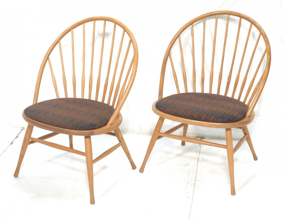 Pr WEGNER style Hoop Back Lounge Chairs. Teak Fra: Pr WEGNER style Hoop Back Lounge Chairs. Teak Frame. Brown fabric seat cushion. Marked teak.-- Dimensions: H: 34.25 inches: W: 25 inches: D: 19 inches ---