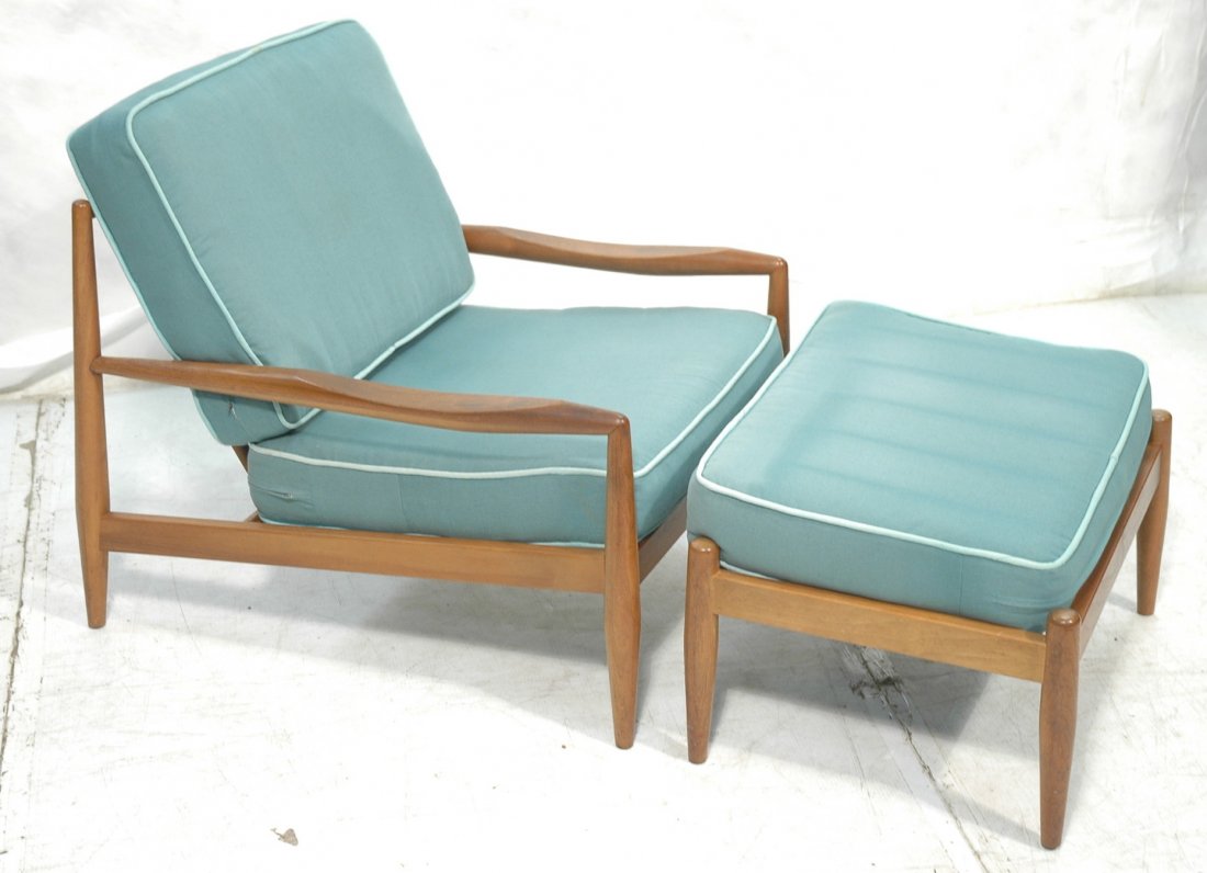 ADRIAN PEARSALL Lounge Chair & Ottoman. Angled fr: ADRIAN PEARSALL Lounge Chair & Ottoman. Angled frame with tapered legs. Cut in arms. -- Dimensions: H: 27 inches: W: 36 inches: D: 26.5 inches ---
