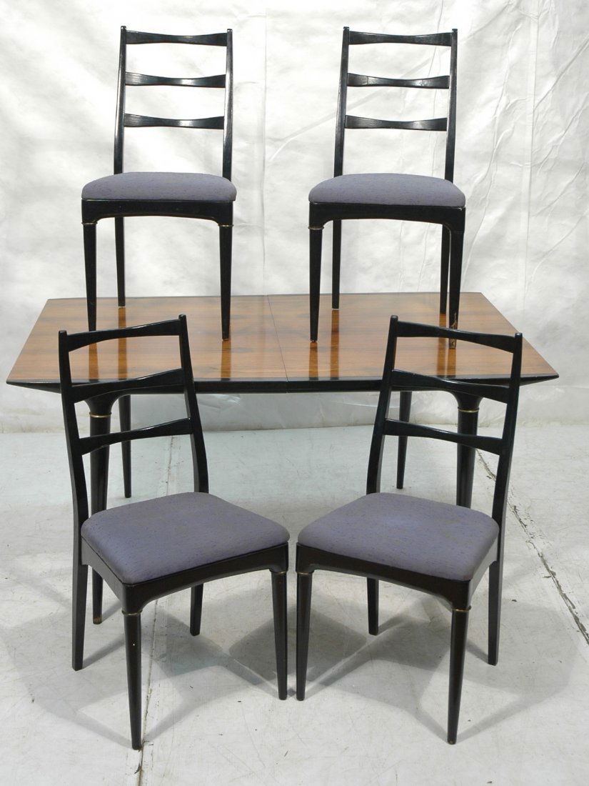 5pc American Modern Rosewood Dining Set. Table &: 5pc American Modern Rosewood Dining Set. Table & 4 Chairs. Table top is rosewood on black legs. (1) 12" leaf. Four ladder back chairs.-- Dimensions: H: 29 inches: D: 40 inches: L: 60 inches ---