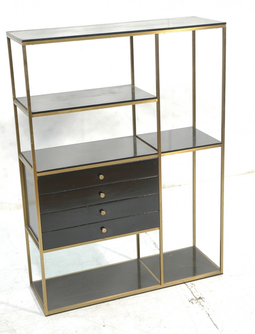 Furnette Shelf Unit Top PAUL McCOBB style: Furnette Shelf Unit Top. Four drawers with tubular brass tone metal frame. Black shelves. False doors with knobs to back side. -- Dimensions: H: 48.75 inches: W: 35.75 inches: D: 12 inches ---