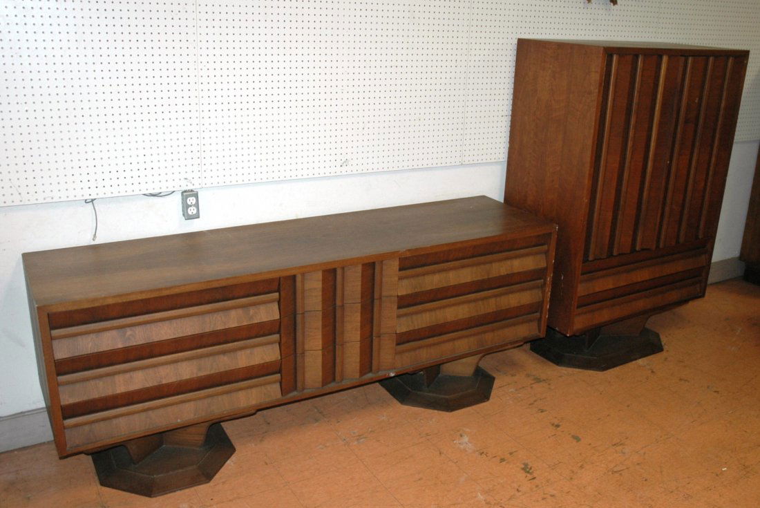 Large Brutalist American Modern 2pc Bedroom Set.: Large Brutalist American Modern 2pc Bedroom Set. Long dresser & tall chest. Pedestal bases. Beveled & slanted door fronts.-- Dimensions: H: 60 inches: W: 40 inches: D: 20 inches ---