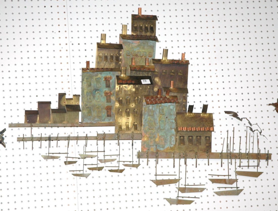 C JERE Mixed Metal Wall Sculpture. Buildings & Sa: C JERE Mixed Metal Wall Sculpture. Buildings & Sailboats. Marked: C JERE-- Dimensions: H: 32 inches: W: .42 inches ---