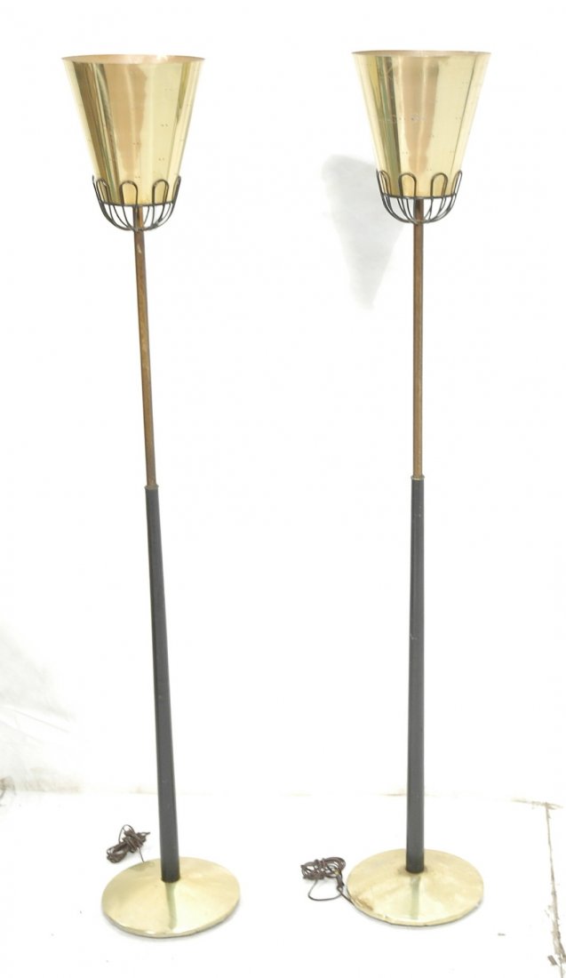 Pr PAAVO TYNELL style Brass Iron Floor Lamps. Pie: Pr PAAVO TYNELL style Brass Iron Floor Lamps. Pierced Brass Shade supported by Black & brass tapered column with wire petal details. Not marked-- Dimensions: H: 63.75 inches: W: 9.5 inches ---