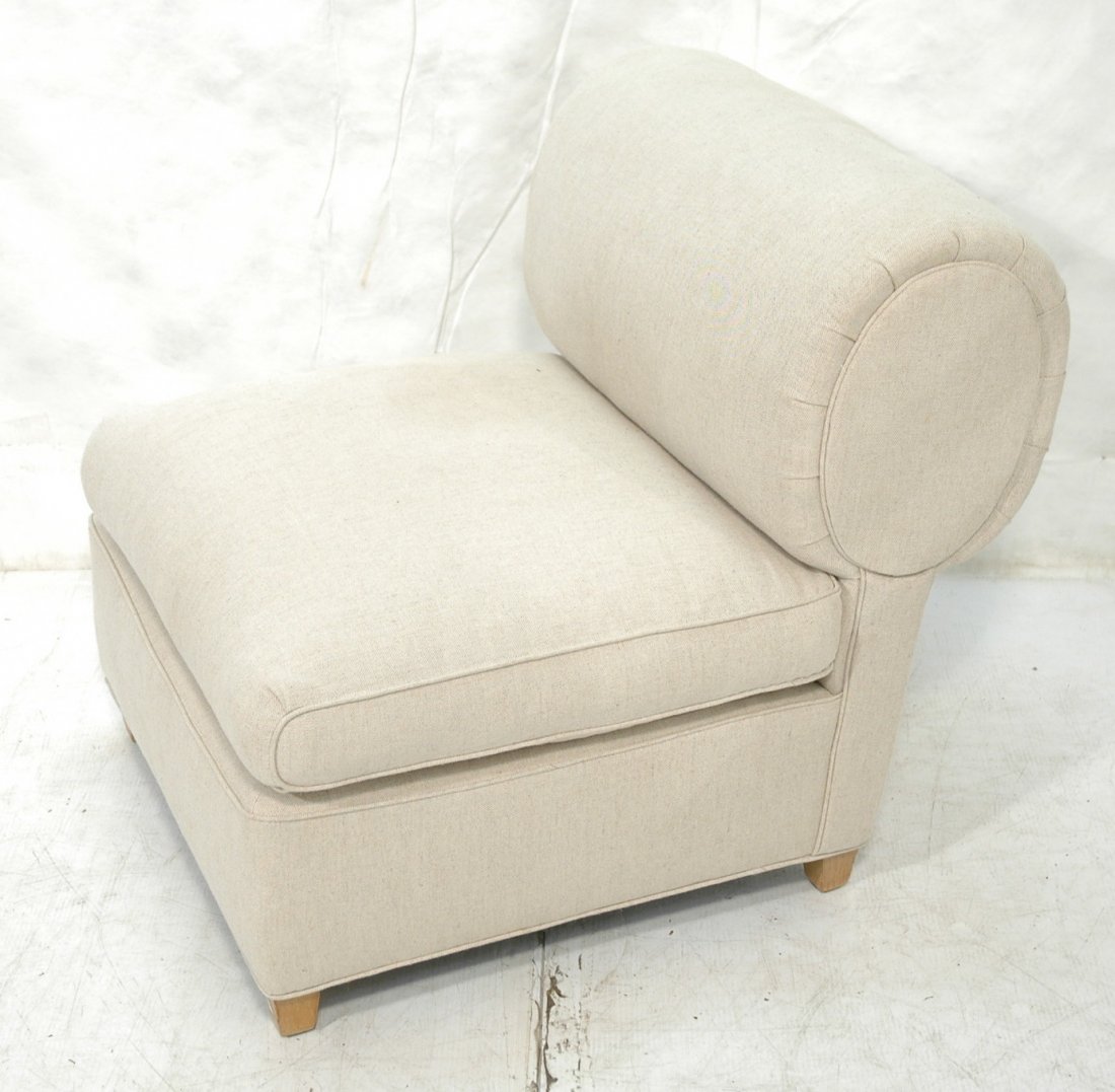 Deco style Linen Upholstered Slipper Lounge Chair: Deco style Linen Upholstered Slipper Lounge Chair. No arms.-- Dimensions: H: 30.5 inches: W: 27 inches: D: 32 inches ---