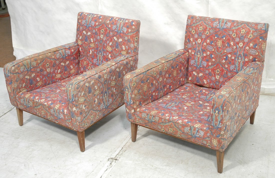 Pr PAUL McCOBB style Arm Lounge Chairs. Upholster: Pr PAUL McCOBB style Arm Lounge Chairs. Upholstered frame with wood legs. -- Dimensions: H: 32 inches: W: 31 inches: D: 31 inches ---