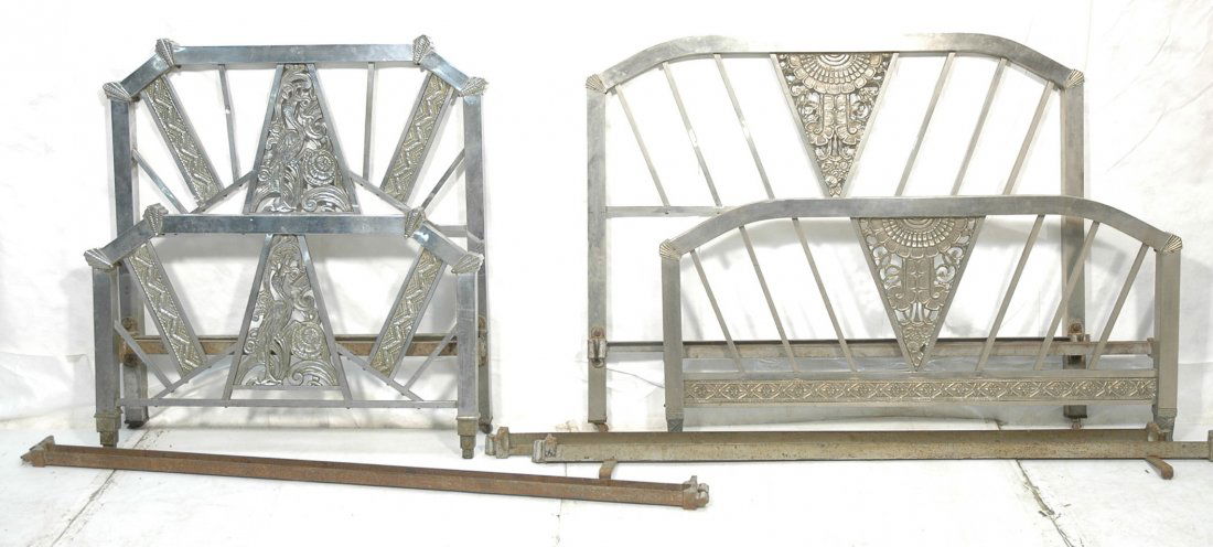 Lot Vintage ART DECO Metal Beds. 2 Nickel finish: Lot Vintage ART DECO Metal Beds. 2 Nickel finish Art Deco beds. One decorated with birds. One decorated with floral design. Angular frames. Different sizes.-- Dimensions: H: 45 inches: W: 57 inches --