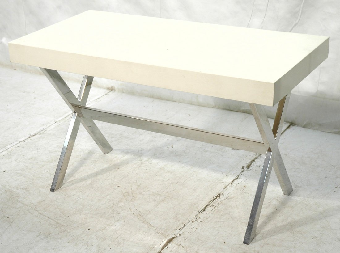 MILO BAUGHMAN style "X" Base Desk. White Lacquer: MILO BAUGHMAN style "X" Base Desk. White Lacquer Top on flat wide chrome "X" base.-- Dimensions: H: 29 inches: W: 48 inches: D: 24 inches ---