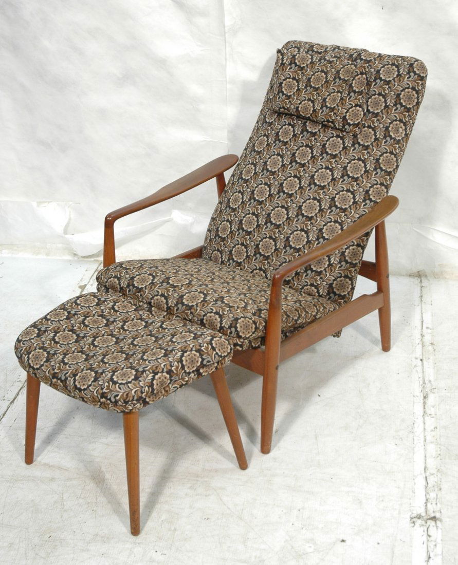 Danish Modern Teak Lounge Chair & Ottoman Selig Style.: Selig style.Danish Modern Teak Lounge Chair & Ottoman. Floral upholstery.-- Dimensions: H: 36 inches: W: 27.25 inches: D: 39 inches ---