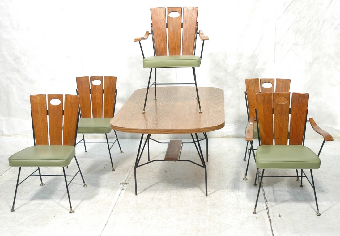 6pc ARTHUR UMANOFF style Dining Table 5 Chairs. D: 6pc ARTHUR UMANOFF style Dining Table 5 Chairs. Dining table with laminate top. Five Chairs (2 arms) with wood slat backs and green upholstered seats. -- Dimensions: ---