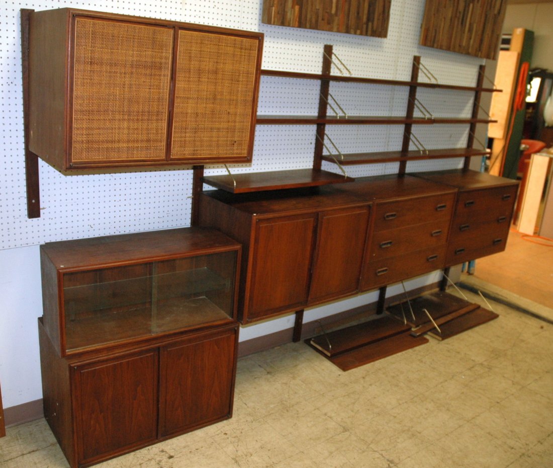 Large Teak Danish Modern Wall Shelf Unit. 6 Cabin: Large Teak Danish Modern Wall Shelf Unit. 6 Cabinets. Lots of shelves. Cabinet: 21 x 32 x 18.Shelf: 32 x 8.-- Dimensions: ---