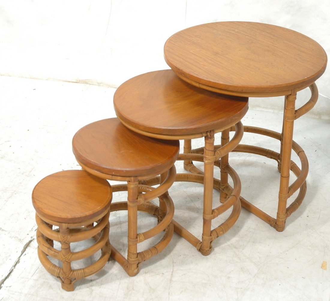 4pc Nesting Rattan Set. Solid wood round tops on: 4pc Nesting Rattan Set. Solid wood round tops on bamboo bases. California Modern.-- Dimensions: H: 25 inches: W: 23.25 inches ---