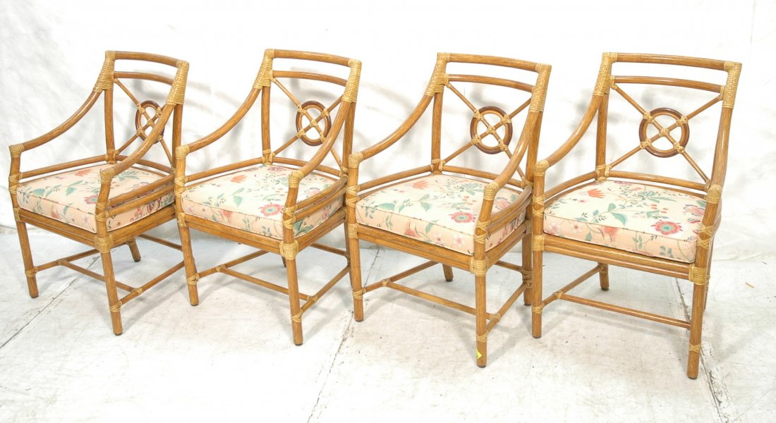 Set 4 McGuire Wrapped Rattan Arm Chairs. Californ: Set 4 McGuire Wrapped Rattan Arm Chairs. California Modern. Round Medallion Back. -- Dimensions: H: 36 inches: W: 23.5 inches: D: 19.5 inches ---